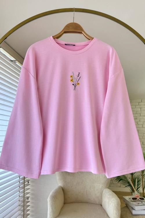 Nakışlı Salaş Sweatshirt  Pembe