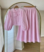 Çiçek Desen Etekli Keten Takım Pembe
