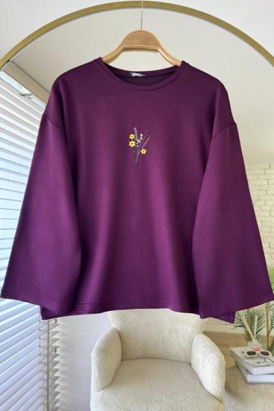 Nakışlı Salaş Sweatshirt  Mürdüm