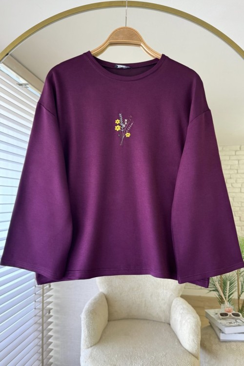 Nakışlı Salaş Sweatshirt  Mürdüm