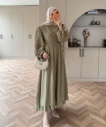 Asimetrik Fırfırlı Piliseli Elbise Yeşil