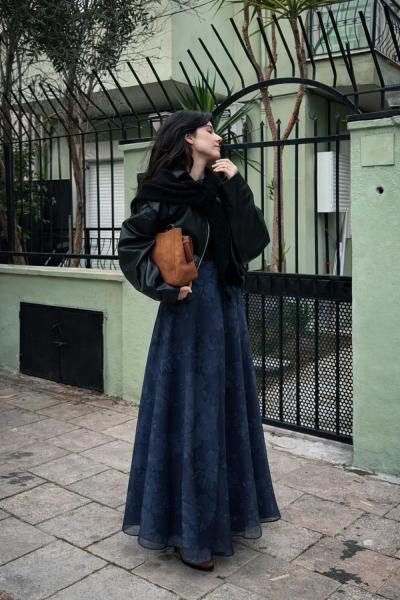 Çiçek Desenli Şifon Etek Lacivert