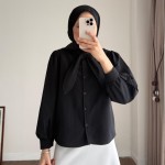 Yakası Bağcıklı Kısa Poplin Gömlek Siyah