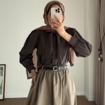 Yakası Bağcıklı Kısa Poplin Gömlek Kahverengi
