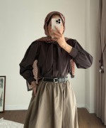 Yakası Bağcıklı Kısa Poplin Gömlek Kahverengi