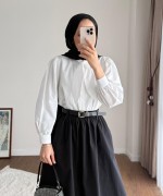 Yakası Bağcıklı Kısa Poplin Gömlek Beyaz