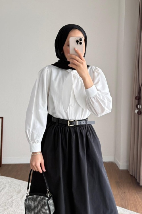Yakası Bağcıklı Kısa Poplin Gömlek Beyaz