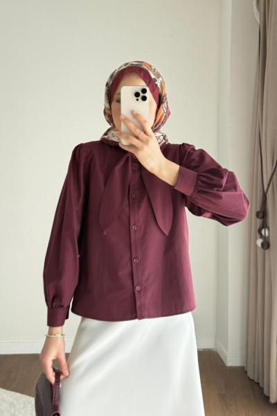 Yakası Bağcıklı Kısa Poplin Gömlek Bordo