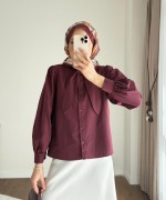 Yakası Bağcıklı Kısa Poplin Gömlek Bordo