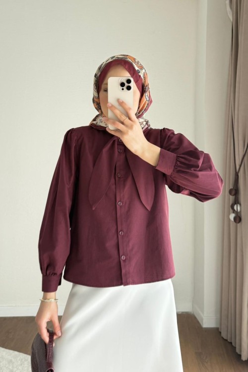Yakası Bağcıklı Kısa Poplin Gömlek Bordo