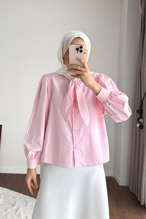 Yakası Bağcıklı Kısa Poplin Gömlek Pembe