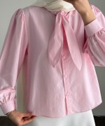 Yakası Bağcıklı Kısa Poplin Gömlek Pembe