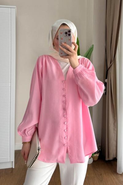 V Yaka Modal Gömlek Pembe