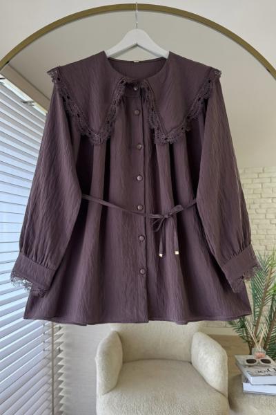 Dantel Detaylı Gömlek Kahverengi