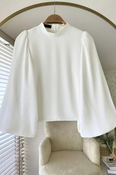 Balon Kol Saten Bluz Ekru