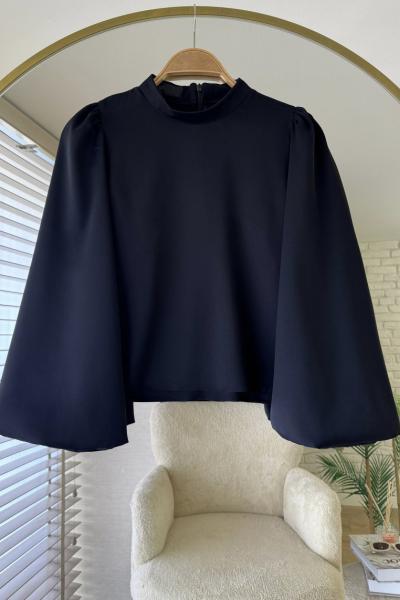 Balon Kol Saten Bluz Siyah