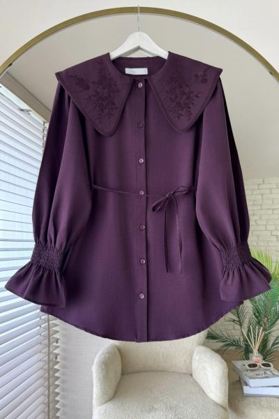 Yakası Nakışlı Gömlek Mürdüm