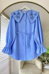 Yakası Nakışlı Gömlek Mavi