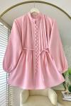 Brit Düğmeli Nervürlü Gömlek Pembe