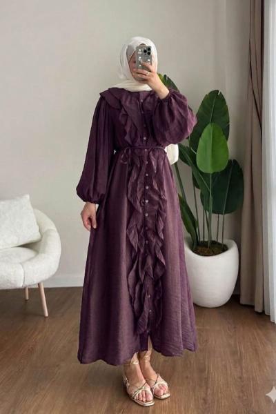 Kuğu Fırfırlı Elbise Mürdüm