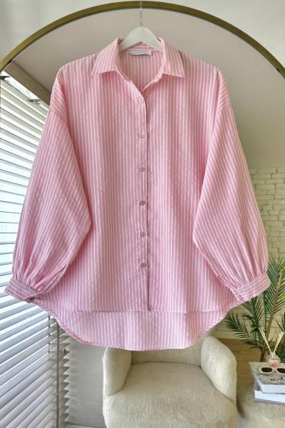 Çizgili Oversize Gömlek  Pembe