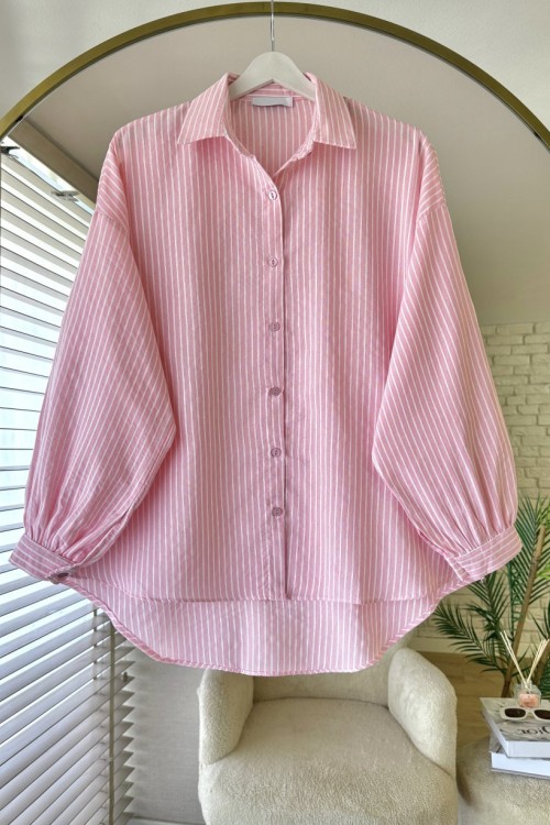 Çizgili Oversize Gömlek  Pembe