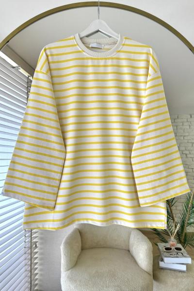 Bisiklet Yaka Çizgili Sweatshirt Sarı