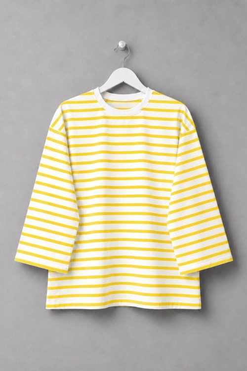 Bisiklet Yaka Çizgili Sweatshirt Sarı