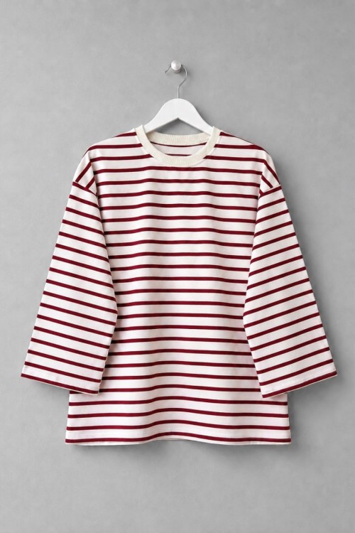 Bisiklet Yaka Çizgili Sweatshirt Kırmızı