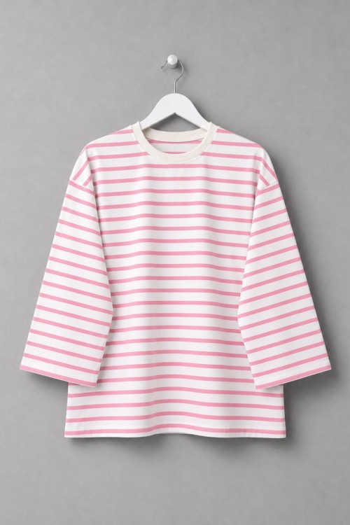 Bisiklet Yaka Çizgili Sweatshirt Fuşya