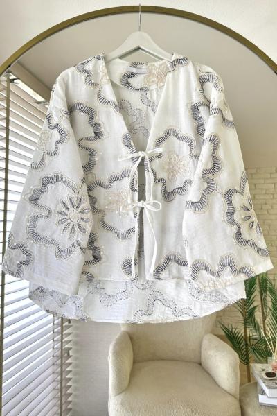 Rose Nakışlı Keten Kimono Siyah