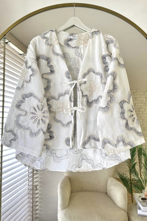 Rose Nakışlı Keten Kimono Siyah