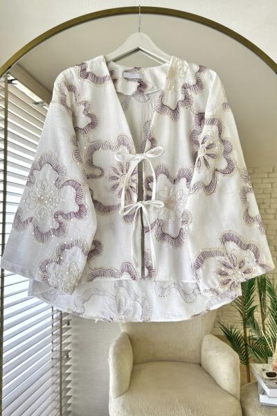 Rose Nakışlı Keten Kimono Mürdüm