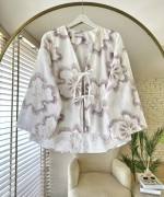 Rose Nakışlı Keten Kimono Mürdüm