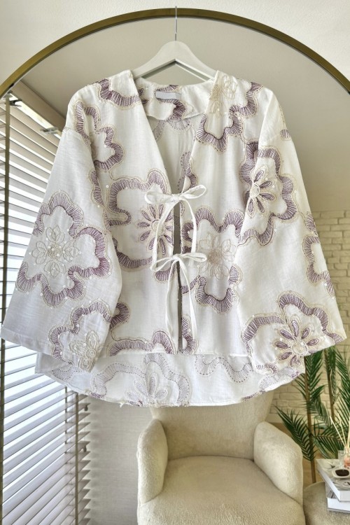 Rose Nakışlı Keten Kimono Mürdüm