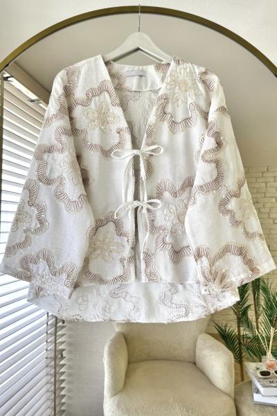 Rose Nakışlı Keten Kimono Kahverengi