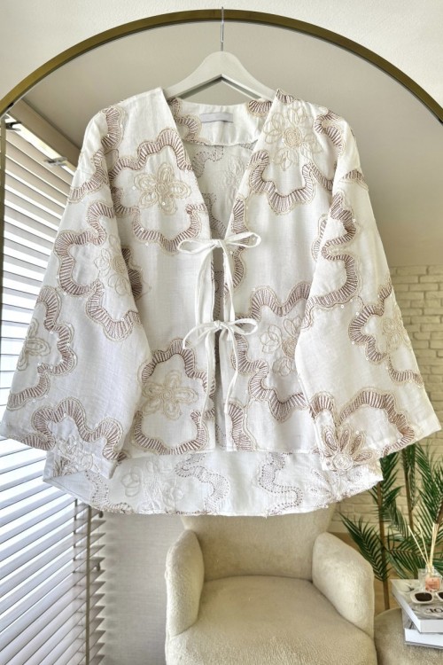 Rose Nakışlı Keten Kimono Kahverengi