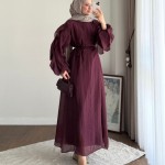 Kolu Fırfırlı Vual Elbise Mürdüm
