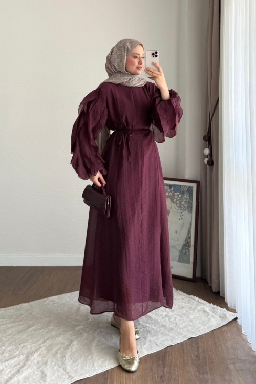 Kolu Fırfırlı Vual Elbise Mürdüm