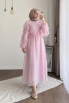 Kolu Fırfırlı Vual Elbise Pembe