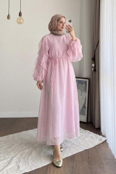 Kolu Fırfırlı Vual Elbise Pembe