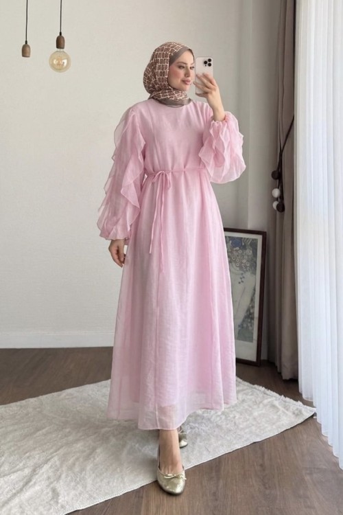 Kolu Fırfırlı Vual Elbise Pembe