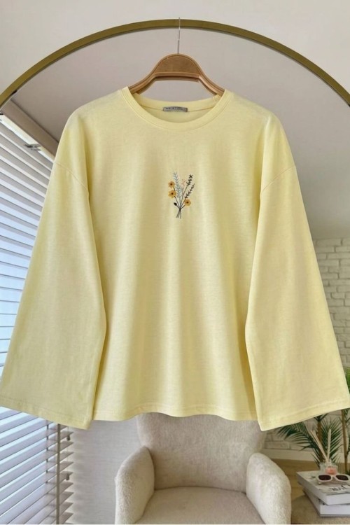 Nakışlı Salaş Sweatshirt  Sarı