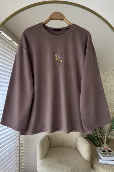 Nakışlı Salaş Sweatshirt  Koyu Vizon