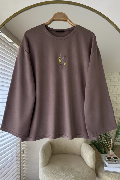 Nakışlı Salaş Sweatshirt  Koyu Vizon