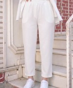 Beli Lastikli Double Pantolon Beyaz