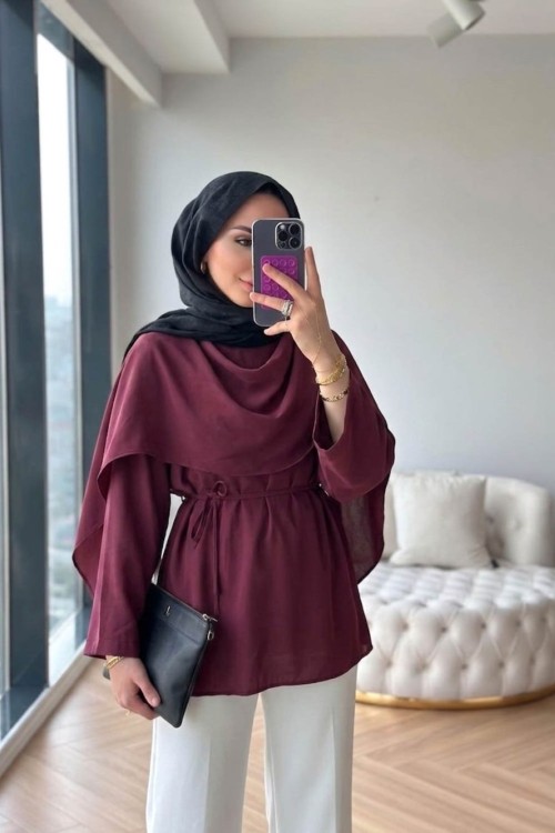 Şal Detaylı Modal Tunik Bordo