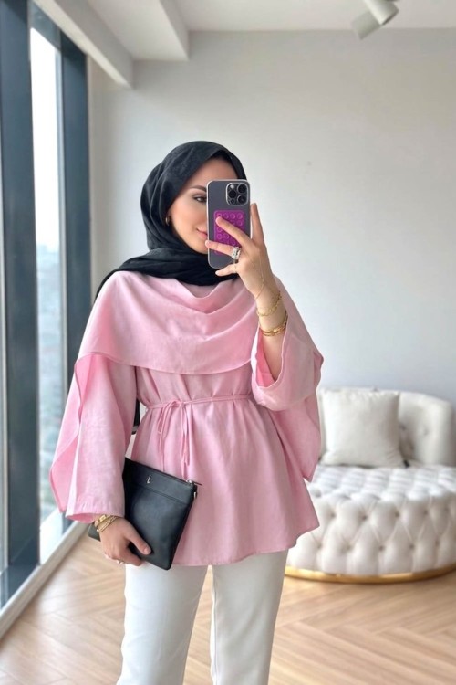 Şal Detaylı Modal Tunik Pembe
