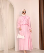 Önü Volanlı Astarlı Etekli Takım Pembe