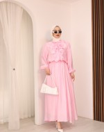 Önü Volanlı Astarlı Etekli Takım Pembe